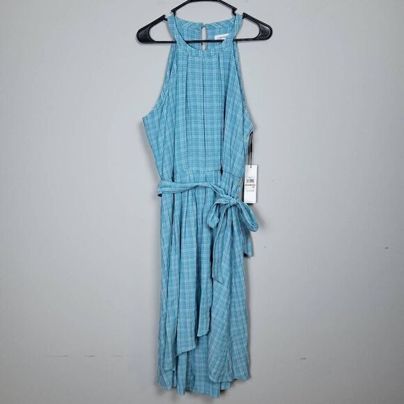 NEW Calvin Klein Womens High Low Dress Blue Size 12 Belted Plaid Halter Stretch - Picture 1 of 10